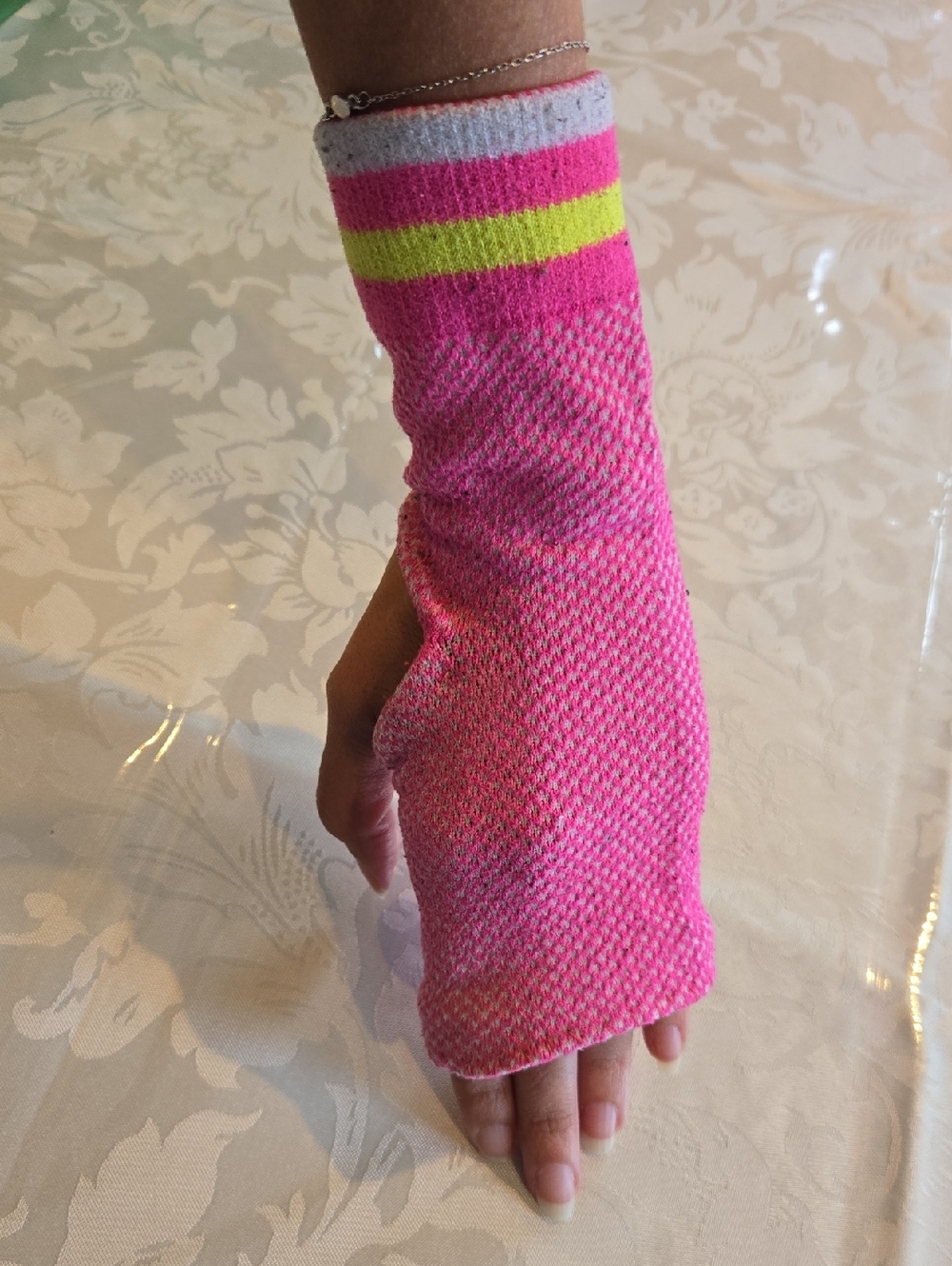 Sleeve Extending Fingerless Gloves Pink Knit With Neon Yellow And White Handmade